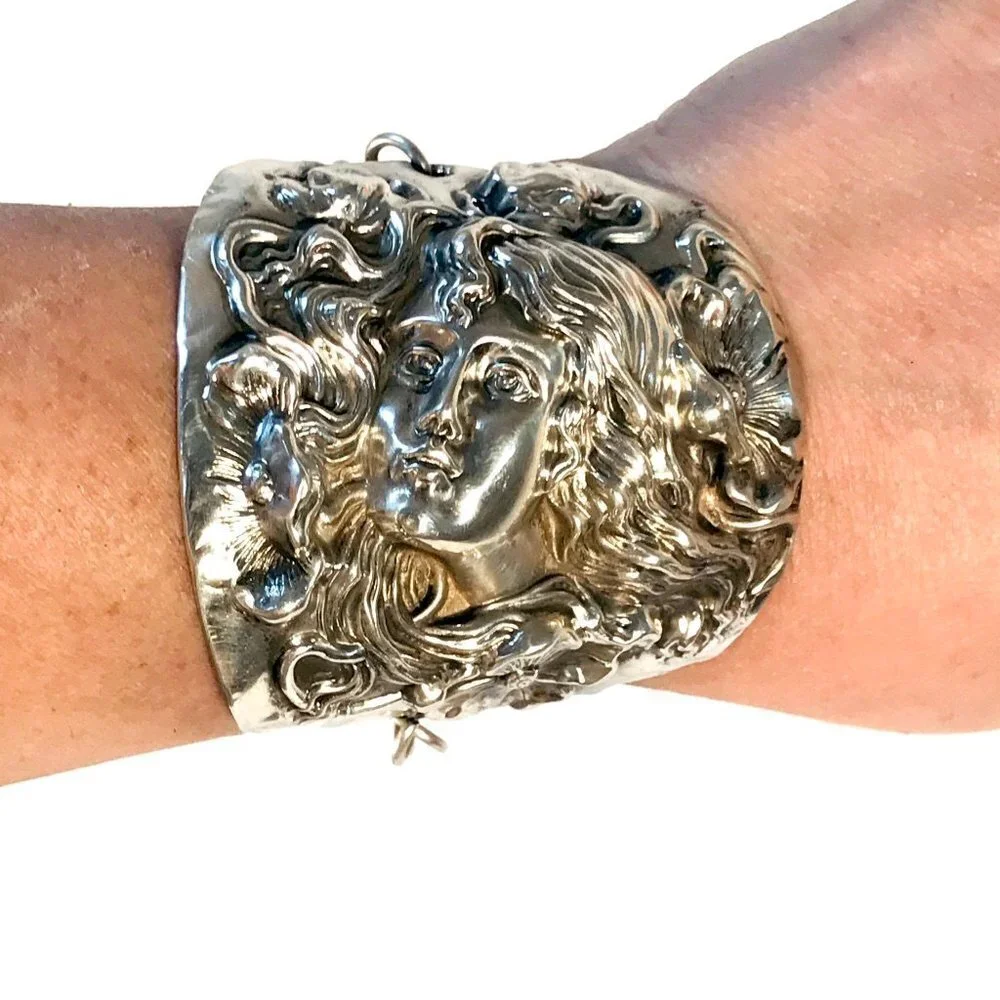 Rare Antique Goddess Sterling Silver Cuff Bracelet Victorian 925 Medusa Nouveau